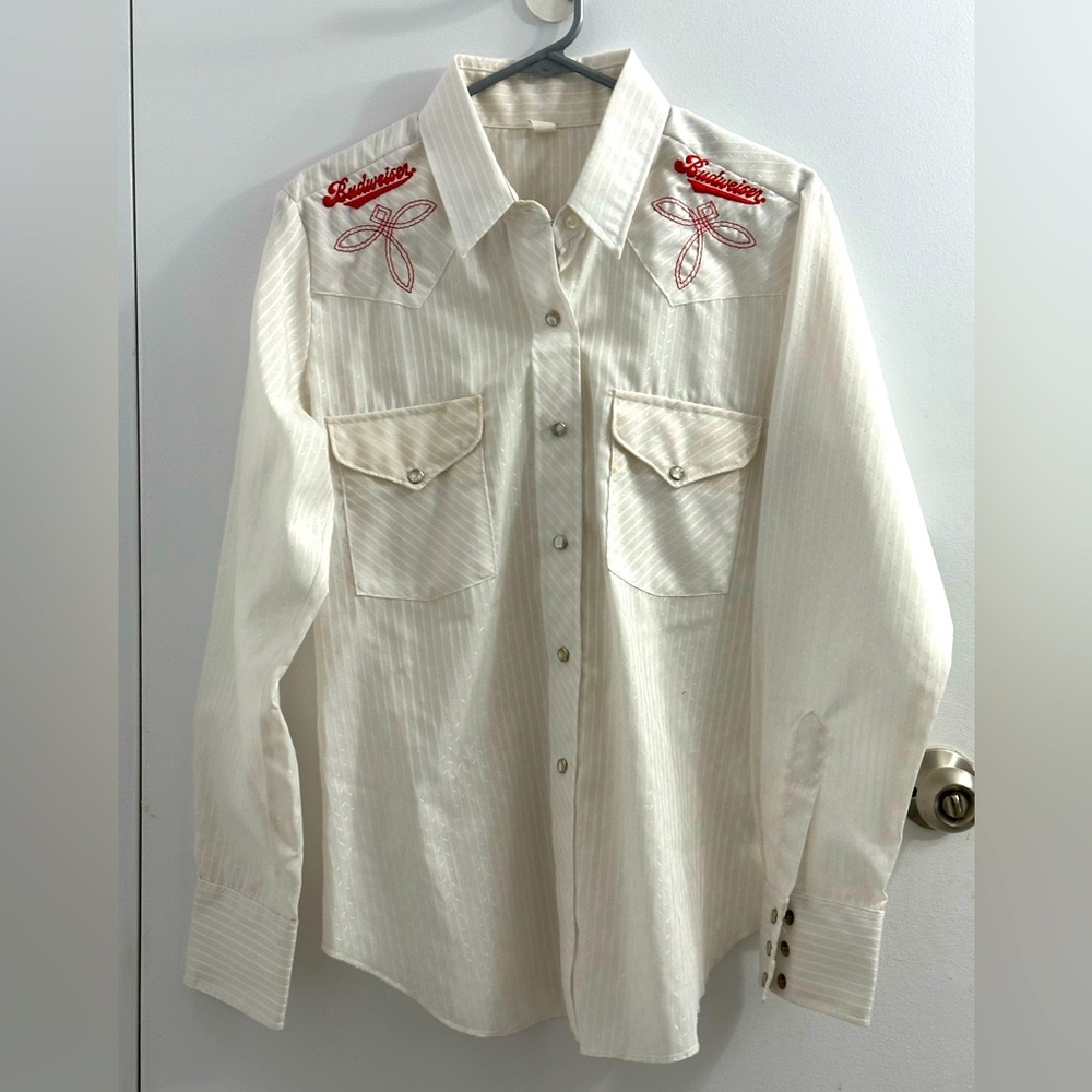 White Budweiser Cowgirl Pearl Snap Western Shirt with red embroidery